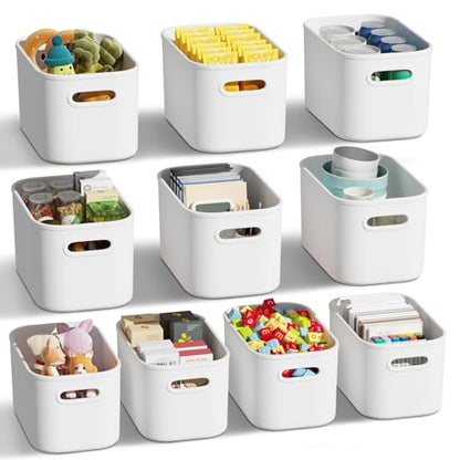 ORGIDOL 10 Pack White Plastic Storage Bins, Storage Container for Organizing, Storage Boxes with Handle for Shelves, Cute Organizer Bins for Craft, Snacks, Pantry, Cabinet, 9.69x6.7x5.7 inch