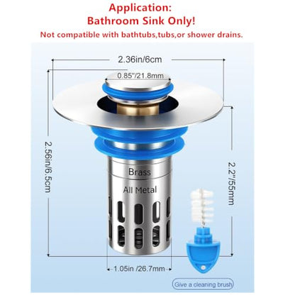 (All Metal) Bathroom Sink Stopper, Pop Up Drain Strainer for Bathroom Sink, Sink Plug Hair Catcher, Silent Popper Core w/Removable Filter Basket,Fit 1.05~2.0''Basin (Brushed Nickel, 1 Pack)