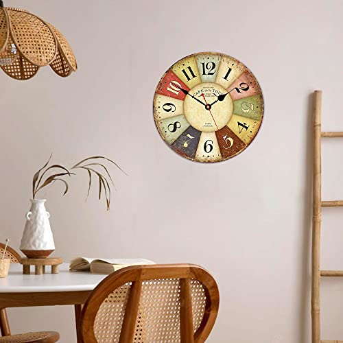 VIKMARI Rustic Wooden Silent Wall Clock Decor 14 in Colorful Arab Numerals | Battery Operated Retro French Country Style Wall Clocks for Kitchen,Living Room,Bathroom,Bedroom