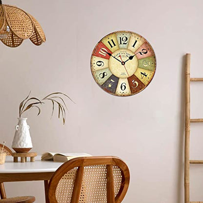 VIKMARI Rustic Wooden Silent Wall Clock Decor 14 in Colorful Arab Numerals | Battery Operated Retro French Country Style Wall Clocks for Kitchen,Living Room,Bathroom,Bedroom