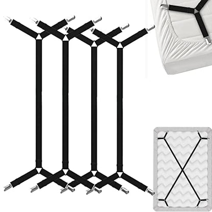 FeelAtHome Criss-Cross Bed Sheet Holders, 4 PCS Black, Mattress Straps | Keep Fitted Sheets Tightly in Place. Heavy Duty Criss Cross Elastic Mattress Suspenders with Strong Clamps. Fits All Beds