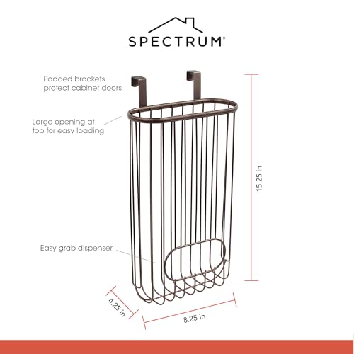 Spectrum Ashley Over Cabinet Door Grocery Bag Holder Hanging Bag Dispenser for Kitchen Cabinet Bathroom Under Sink Home Organization, Heavy Duty Plastic Bag Cabinet Door Storage, Bronze