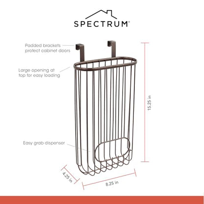 Spectrum Ashley Over Cabinet Door Grocery Bag Holder Hanging Bag Dispenser for Kitchen Cabinet Bathroom Under Sink Home Organization, Heavy Duty Plastic Bag Cabinet Door Storage, Bronze