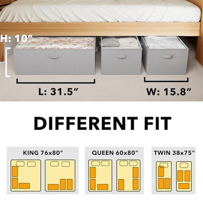 SpaceAid 3 Pack 10" High Under Bed Storage Containers, Large Underbed Storage Organizer Bins with Lids for Bedroom, Dorm, Clothes, Closet Organization, Bed Sheets and Blankets (Gray)