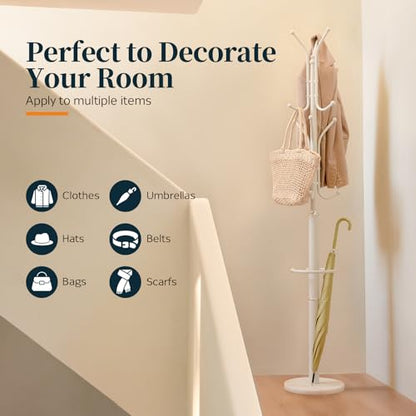 Yoobure Metal Coat Rack Freestanding with Marble Base, Coat Tree with 12 Hooks & Umbrella Holder, Coat Hanger Stand for Corner Entryway Bedroom Office, Heavy Duty Coat Rack Stand for Clothes Hats Bags