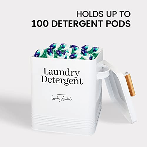 Modern Farmhouse Laundry Detergent Container for Laundry Decor (White) | Metal Laundry Pods Container, Laundry Powder Holder for Laundry Room Organization