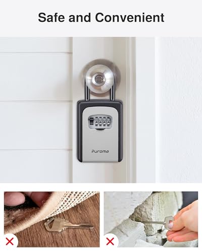 Puroma Key Lock Box Large with Code Lockbox Outdoor Wall Mount Safe 1 Gray | Resettable Combination, For Guest Realtor & House Outside, High-capacity, Hold 5 Keys, Portable, Doorknob, Weatherproof