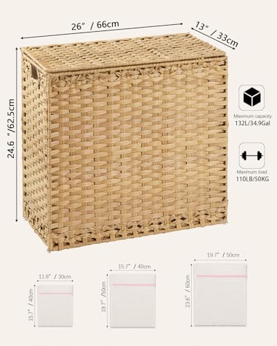 SETVSON Laundry Hamper with Lid Laundry Basket 132 L PE Rattan Natural | Decorative PE Rattan Furniture Look for Bedroom, Large Sorting Hamper with Lid, 4 Liners, 6 Mesh Bags, Steel Frame