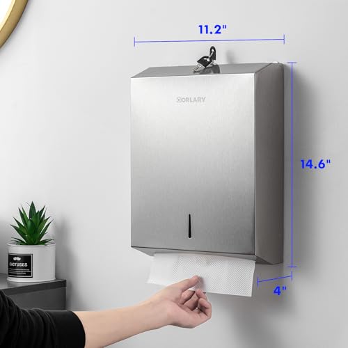 Gorlary Paper Towel Dispenser Wall Mount Commercial, Silver, Lockable | Brushed Stainless Steel, Fits C-Fold Multifold Trifold Paper Towels, Fingerprint Resistant, Touchless Hand Towels holder