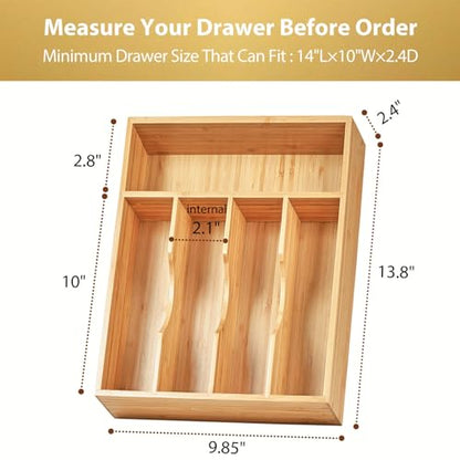 Kitchen Drawer Organizer, 10 Inch Silverware Utensil Tray Holder, Extra Deep, with Non-Slip Feet & Grooved Drawer Divider, 5 Slots Total Bamboo Wood Caddy for Flatware Cutlery Knives