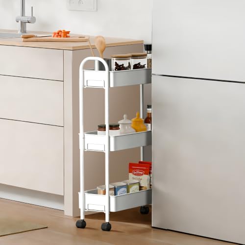Slim Rolling Cart, Metal Frame Utility Rolling 3-Tier Narrow Storage Cart | Kitchen Storage Organizer, Mobile Shelving Unit for Bathroom Kitchen