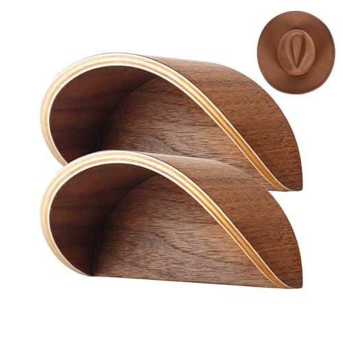 Walnut Wood Cowboy Hat Rack for Wall, 2-Pack | Retro Western Hat Holder with Wide Curve Design to Preserve Shape and Prevent Brim Damage, for Entryway, Mudroom or Closet