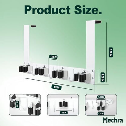 Over The Door Broom and Mop Holder, Heavy Duty Stainless Steel Organizer with 4 Slots and 3 Hooks, No Drilling Space Saving Tool Hanger for Kitchen, Laundry Room, Closet, and Garage - White