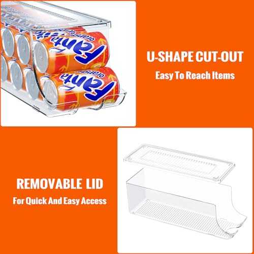 SCAVATA 2 Pack Soda Can Organizer for Refrigerator, Stackable Canned Food Pop Cans Container Can Holder Dispenser with Lid for Fridge Rack Freezer, Clear Storage Bins-Holds 12 Cans Each (Clear)