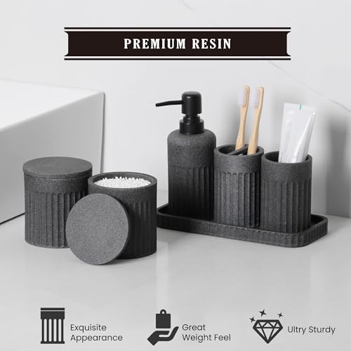INIUNIK Bathroom Accessory Set, 6 Pieces, Dark Grey | Resin, Bathroom Accessories Set, Includes Soap Dispenser Set, Toothbrush Holders, Tumbler, Vanity Tray & 2 Qtip Holder