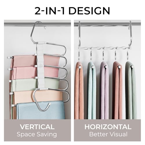 Pants Hangers Space Saving - 2 Pack - Non-Slip Multi-Layer Space Saving Hangers - Multifunctional Clothing Rack for Closet Storage - Ideal for Jeans, Trousers, Skirts, Scarves & Slacks (White)