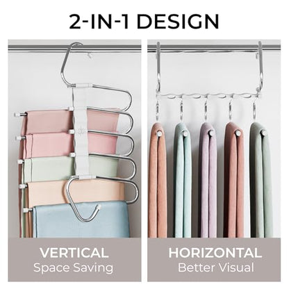 Pants Hangers Space Saving - 2 Pack - Non-Slip Multi-Layer Space Saving Hangers - Multifunctional Clothing Rack for Closet Storage - Ideal for Jeans, Trousers, Skirts, Scarves & Slacks (White)