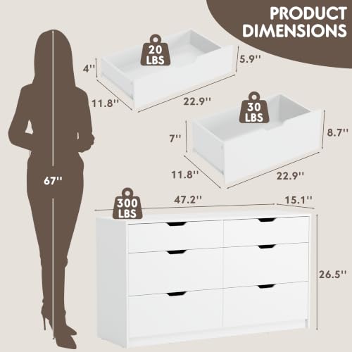 YESHOMY Dresser for Bedroom, 47.2" Modern Wood Chest with 6 Drawers, White | Two Drawer Sizes, Anti-Tip, Storage Cabinet & TV Stand for Living Room, Closet, Entryway