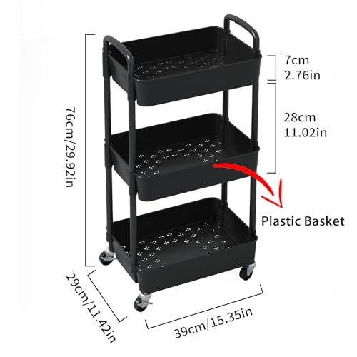 Sywhitta 3-Tier Plastic Rolling Utility Cart with Wheels for Storage,Black | Multi-Functional Storage Trolley, for Office, Living Room, Kitchen, Bathroom,Movable Organizer,Space-Saving,Easy to assemble