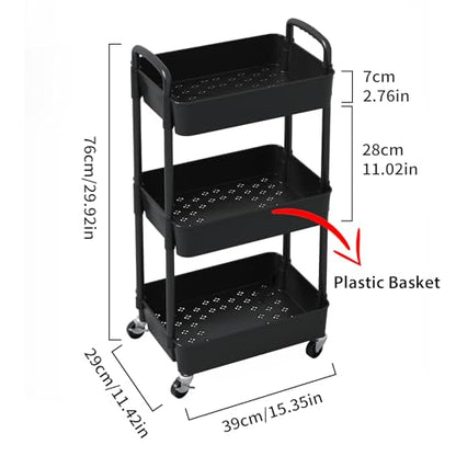 Sywhitta 3-Tier Plastic Rolling Utility Cart with Wheels for Storage,Black | Multi-Functional Storage Trolley, for Office, Living Room, Kitchen, Bathroom,Movable Organizer,Space-Saving,Easy to assemble