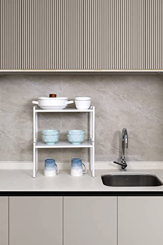 Stackable Cabinet Shelf Organizer 2 Pack, Standard... (2 Count | White | Iron)