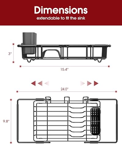 Dish Drying Rack in Sink - Expandable Stainless Steel Dish Rack Over the Sink, Kitchen Sink Drain Strainer with Cutlery Holder & Cup Holders, 15.4 x 9.8 x 3.0 Inch, Black