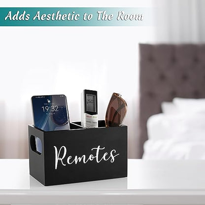 DRASTAR Remote Control Holder, Wood TV Remote Holder, Remote Storage Caddy, Remote Control Organizer (Black, 2 Slots)