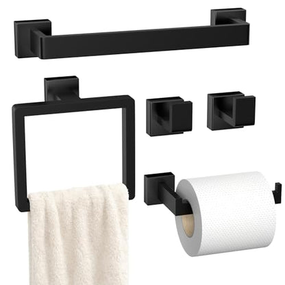 5-Pieces Matte Black Bathroom Accessories Set, 16 Inch Bath Towel Bar Set | Stainless Steel, Towel Ring, Toilet Paper Holder, Robe Hooks, Towel Racks for Bathroom Wall Mounted, Bathroom Hardware Set