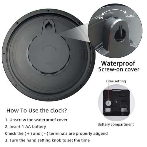 Caysie 12 Inch Sealed Indoor Outdoor Waterproof Wall Clock, Durable Silent Non-Ticking Battery Operated Quality Quartz Round Clock, Wall Decorative for Patio, Pool, Bathroom (Black)
