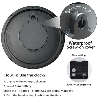 Caysie 12 Inch Sealed Indoor Outdoor Waterproof Wall Clock, Durable Silent Non-Ticking Battery Operated Quality Quartz Round Clock, Wall Decorative for Patio, Pool, Bathroom (Black)