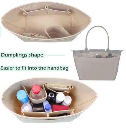 Purse Organizer Insert for Longchamp, Premium Felt Long Champ Le Pliage Handbag Organizer Large beige