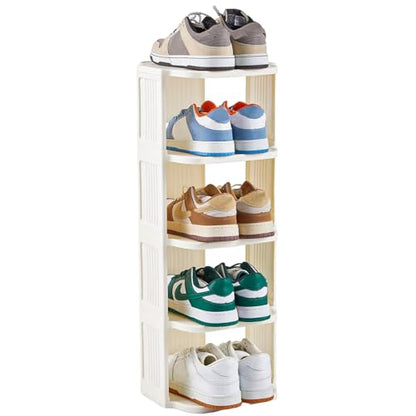 UFORU 5-Tier Small Vertical Shoe Rack,Plastic Shoe Organizer,Narrow Spaces | White Free-Standing Stackable Design for Closets,Entryways,Dorms and Corners,Tool-Free Assembly,Vertical Shoe Rack Tower