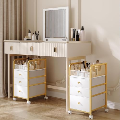 Rolling Makeup Organizer Cart with 3 Drawers Under... (Gold | Acacia Wood)