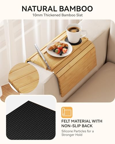 Yofidra Couch Armrest Table, Bamboo Sofa Arm Tray with 360° Rotating Phone Stand, 3 in 1 Foldable Couch Cup Holder with Non-Slip Pad, Sofa Organizer for Drink Remote Phone Snacks, Yellow