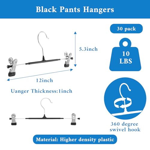 30 Pack Pants Hangers with Clips Adjustable Skirt Hangers for Women Non-Slip Trousers Hanger for Jeans Clothes Hanger for Pants Heavy Duty Space Saving Shorts Clothes Rack Black 12Inch