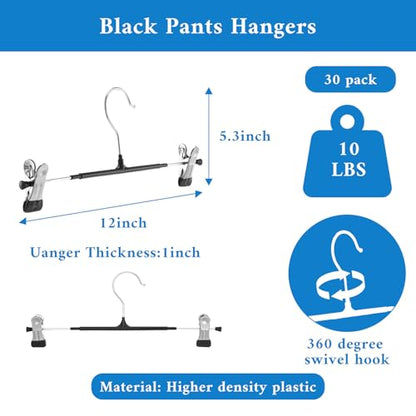 30 Pack Pants Hangers with Clips Adjustable Skirt Hangers for Women Non-Slip Trousers Hanger for Jeans Clothes Hanger for Pants Heavy Duty Space Saving Shorts Clothes Rack Black 12Inch