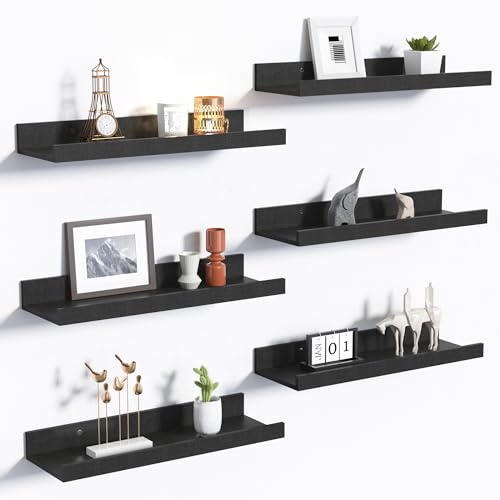 upsimples Floating Shelves for Wall Decor and Storage, Black, 6Pcs 15.7'' | Wall Mounted Wood Shelves for Living Room, Bedroom, Bathroom, Kitchen, Office, Laundry Room Display and Organize