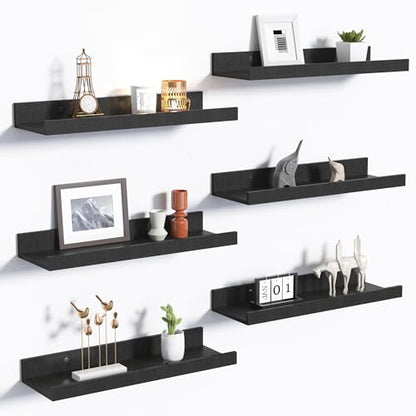 upsimples Floating Shelves for Wall Decor and Storage, Black, 6Pcs 15.7'' | Wall Mounted Wood Shelves for Living Room, Bedroom, Bathroom, Kitchen, Office, Laundry Room Display and Organize