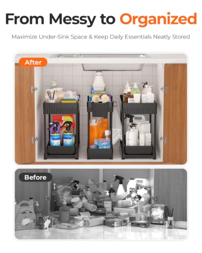 3-Pack 2-Tier Under Sink Organizers with Sliding Drawers | Multi-use kitchen & bathroom storage, 12.8 inch black cabinet organizer, space-saving sliding drawer design.