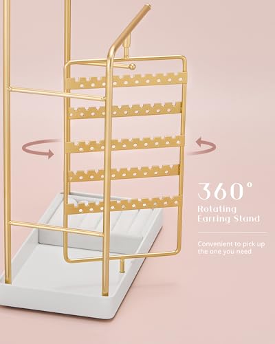 ProCase Jewelry Stand Holder Organizer and Storage, Gold (No-Assembly) | Rotating Earring Bracelet Holder Storage, Hanging Jewelry Display Velvet Ring Tray, Teen Girls Birthday Gifts Room Dorm Decor