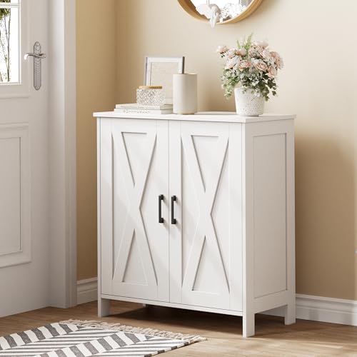 Farmhouse Shoe Cabinet with 2 Barn Doors & Wood Legs | Tall 4-Tier Shoe Storage Cabinet, 3 Adjustable Shelves, Shoe Rack Organizer, for Entryway, Hallway, Closet, White