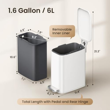 Cesun Slim Bathroom Trash Can with Lid, Soft Close, White, 6L/1.6 Gallon | Hidden Trash Bag Design, Small, Stainless Steel, Removable Inner Bucket, Foot Pedal, Odor Control, for RV/Office/Bedroom