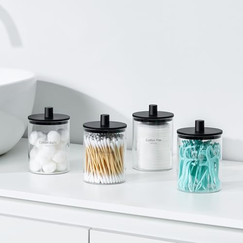 Glass Qtip Holder Dispenser - 10 oz Clear Canister Apothecary Jar, Bathroom Vanity Storage Organizer Set for Cotton Swabs, Pads, Floss Picks, Small Containers for Makeup Storage (4 Pack, Black)