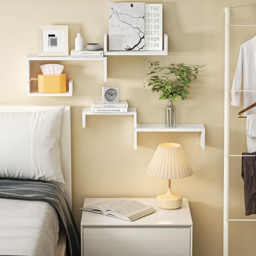 SRIWATANA White Floating Shelves, Set of 5 Solid Wood Wall Mounted Shelves | Sturdy Rustic Wall Organizers in 5-Piece Set; Space-Saving Wood Shelves to Create Custom Gallery Displays for Decor & Storage