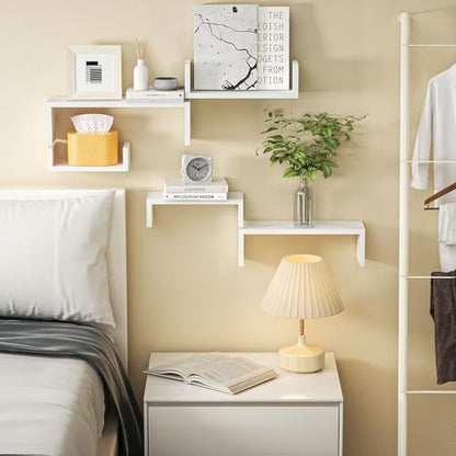 SRIWATANA White Floating Shelves, Set of 5 Solid Wood Wall Mounted Shelves | Sturdy Rustic Wall Organizers in 5-Piece Set; Space-Saving Wood Shelves to Create Custom Gallery Displays for Decor & Storage
