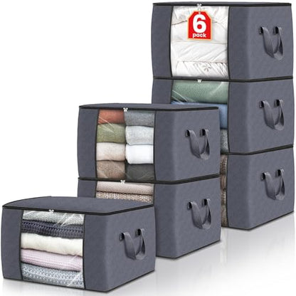 6 Pack Storage Bags for Clothes Blanket Storage Bins with Lids | Foldable Closet Organizers with Zippers,Window and Handles,Fabric Storage Bins for Sweater,Comforter,Bedding,Dorm essentials