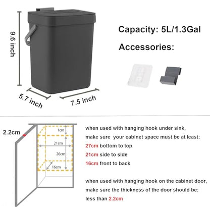 LALASTAR Countertop Compost Bin with Lid, Hanging Small Trash Can with Lid Under Sink for Kitchen, Food Waste Bin for Countertop, Mountable Garbage Can for Bathroom, RV, 5L/1.3 Gal, Black