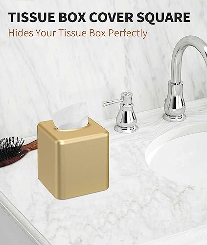 Tissue Box Cover, Square Metal Tissue Box Holder Modern Decor Facial Napkin Holder Tissue Box Dispenser for Bathroom Vanity Countertop, Living Room, Bedroom, Office - Gold