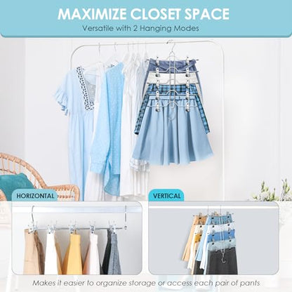 Skirt Hangers with Clips 5 Tier Pants Hangers Space Saving 2 Pack | Rustproof Metal Hangers, Multi Shorts Hanger with Adjustable Clips, Closet Organizer and Storage for Jeans Leggings Shorts