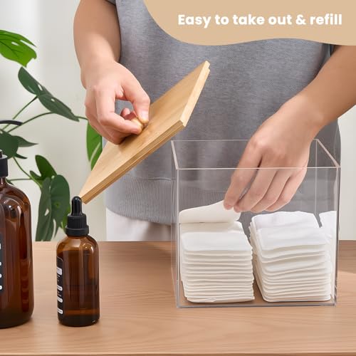 Puricon Acrylic Disposable Facial Towels Holder, Clear Storage Bin with Wood Lid Compatible with Clean Skin Club Towel (NOT Included), Face Towelettes Container for Bathroom Counter -Original